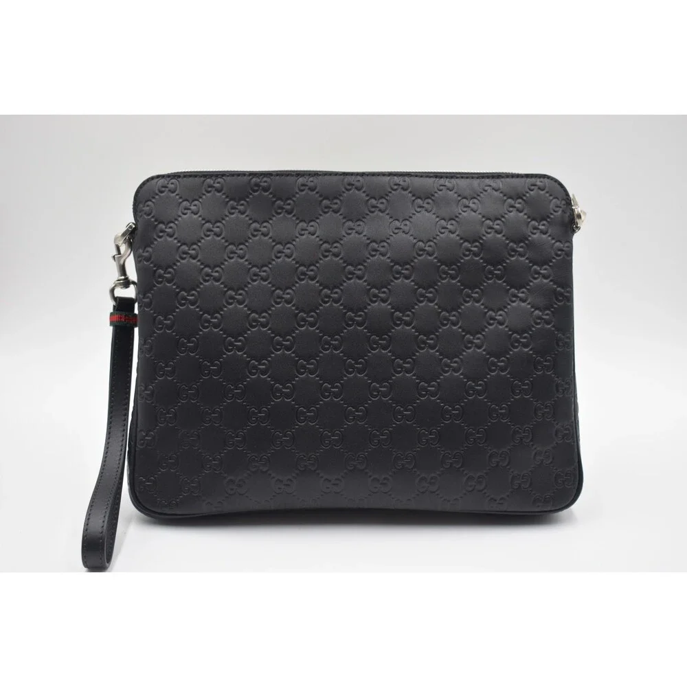 New Gucci GG Emblem Medium Black Leather Crossbody Bag Pouch Messenger 850214